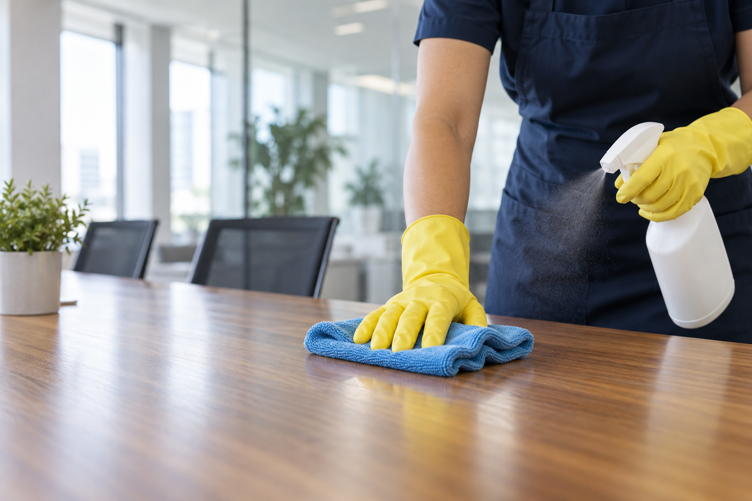 Nettoyage professionnel d’une salle de réunion avec chiffon microfibre et produit d’entretien